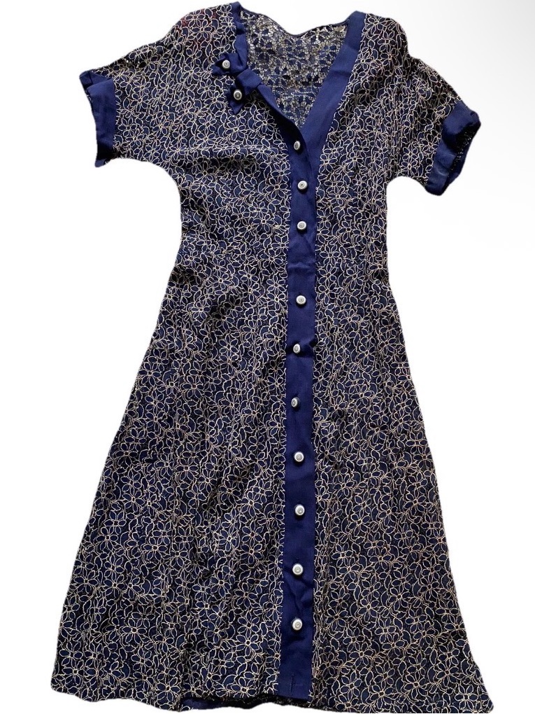 Vintage Dress Blue Cream Floral Sheath Romantic Dark Academia Small / Medium